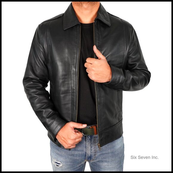 Real Lambskin Leather Jacket Men's Vintage Style Biker Jacket